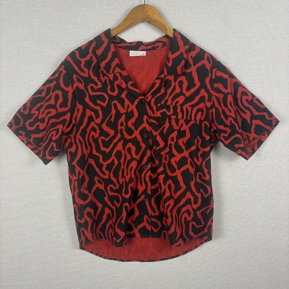 Vtg 90s COS COB Button Up Womens L Short Sleeve Red Abstract‎ Graphic NEED PIC